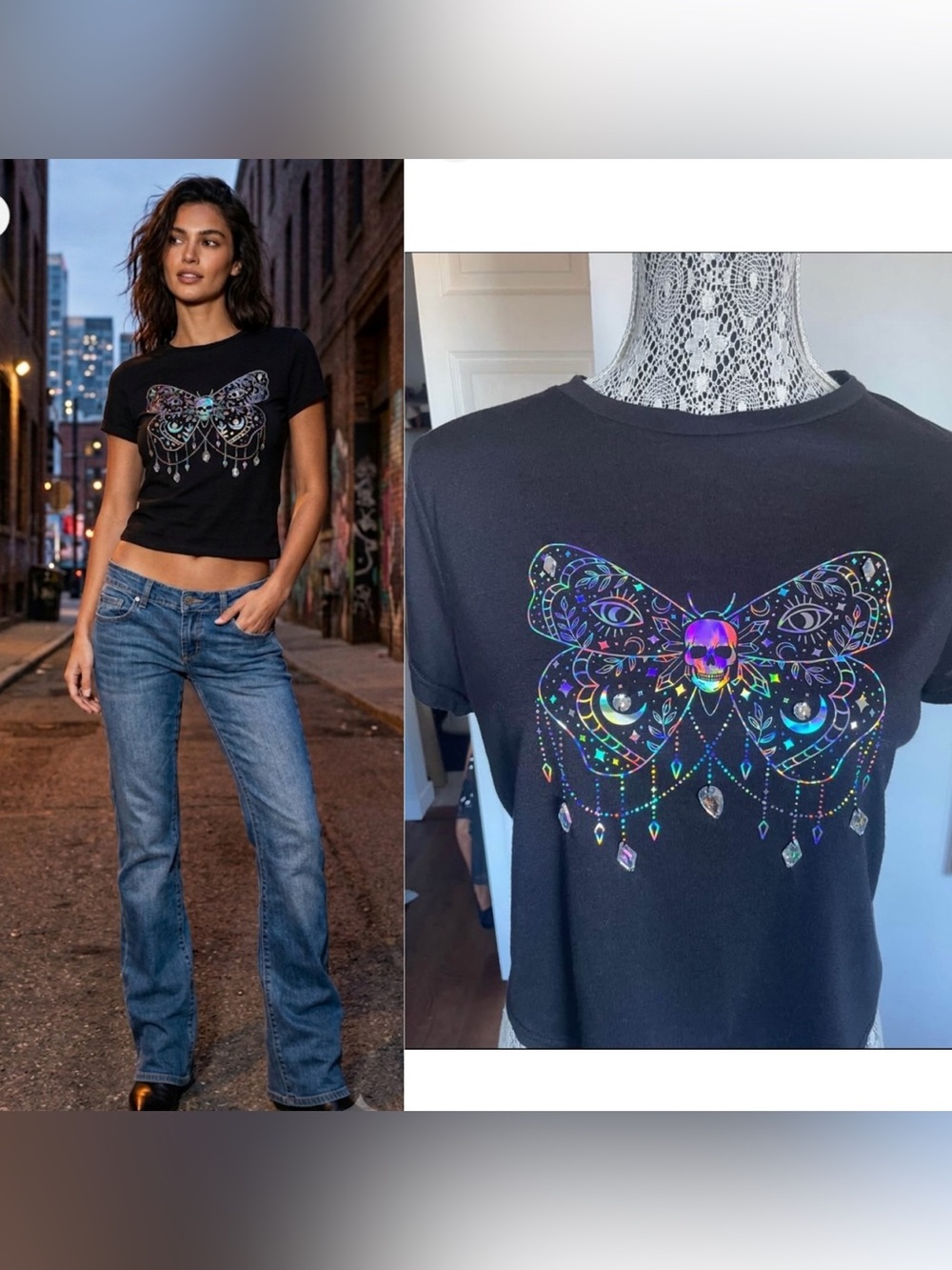 Vintage Y2K Iridescent Butterfly Skull Slight Crop T-Shirt Top Tag Says One Size